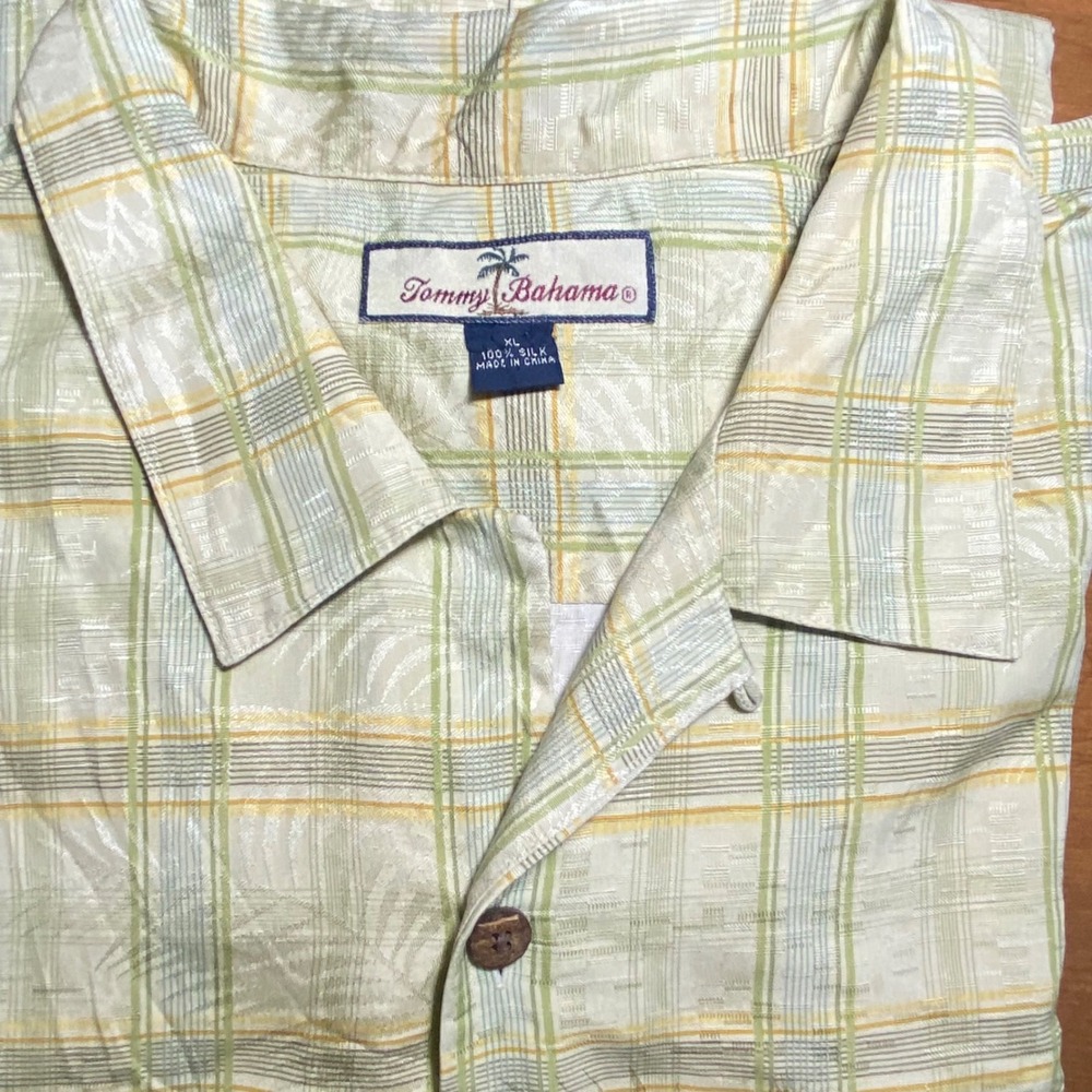 Tommy Bahama Relax Mens XL Silk Plaid Palm Jacquard Camp Shirt Green‎ Yellow XL